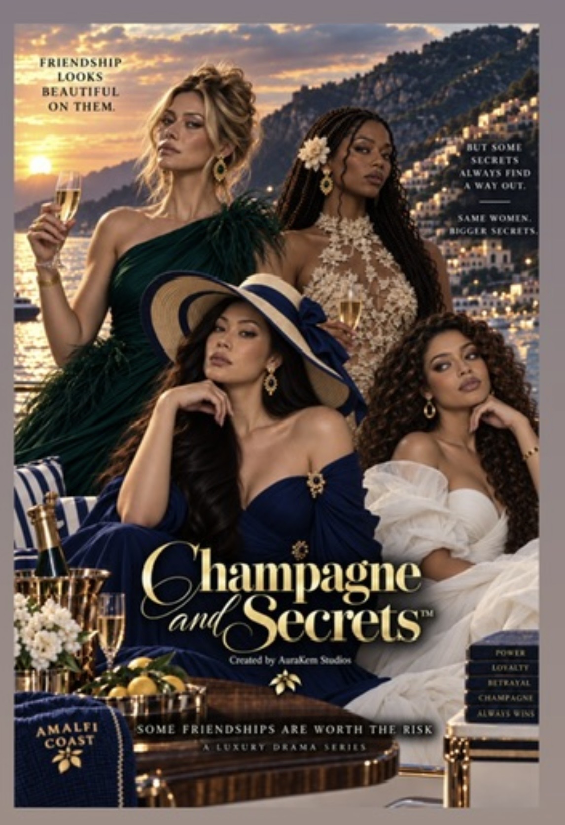 Champagne and Secrets — an AuraKem Studios AI luxury drama series poster