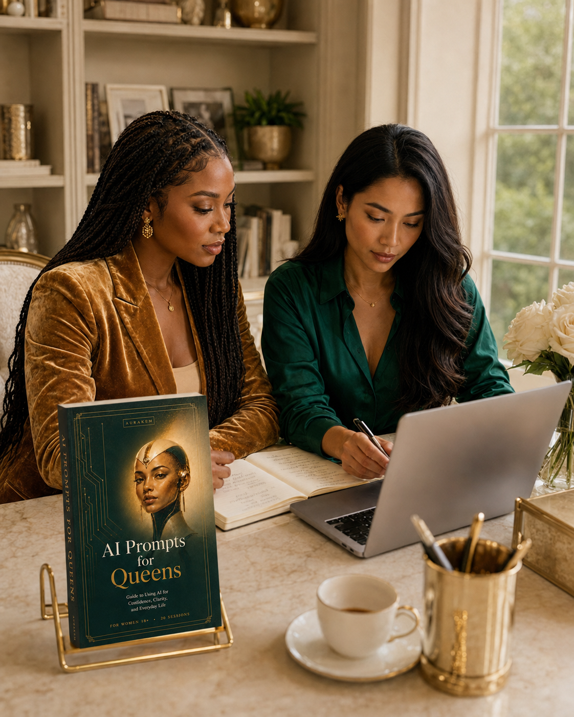 Women working with the AI Prompts for Queens book