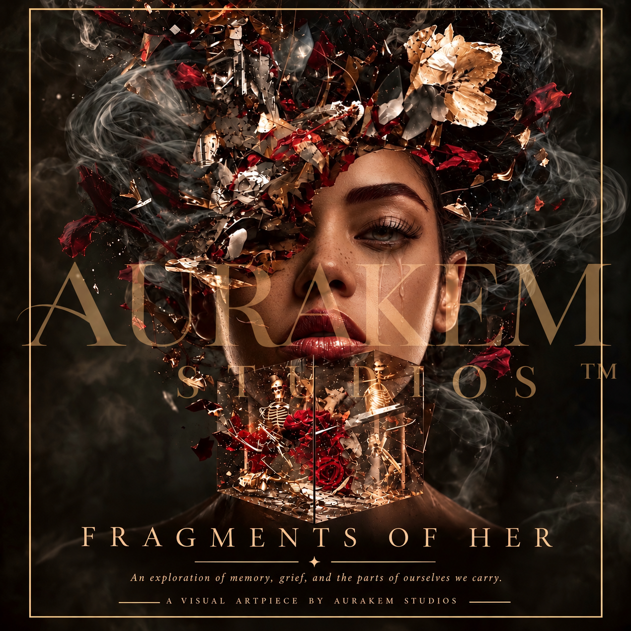Fragments of Her — an AI visual artpiece by AuraKem Studios exploring memory, grief, and the parts of ourselves we carry
