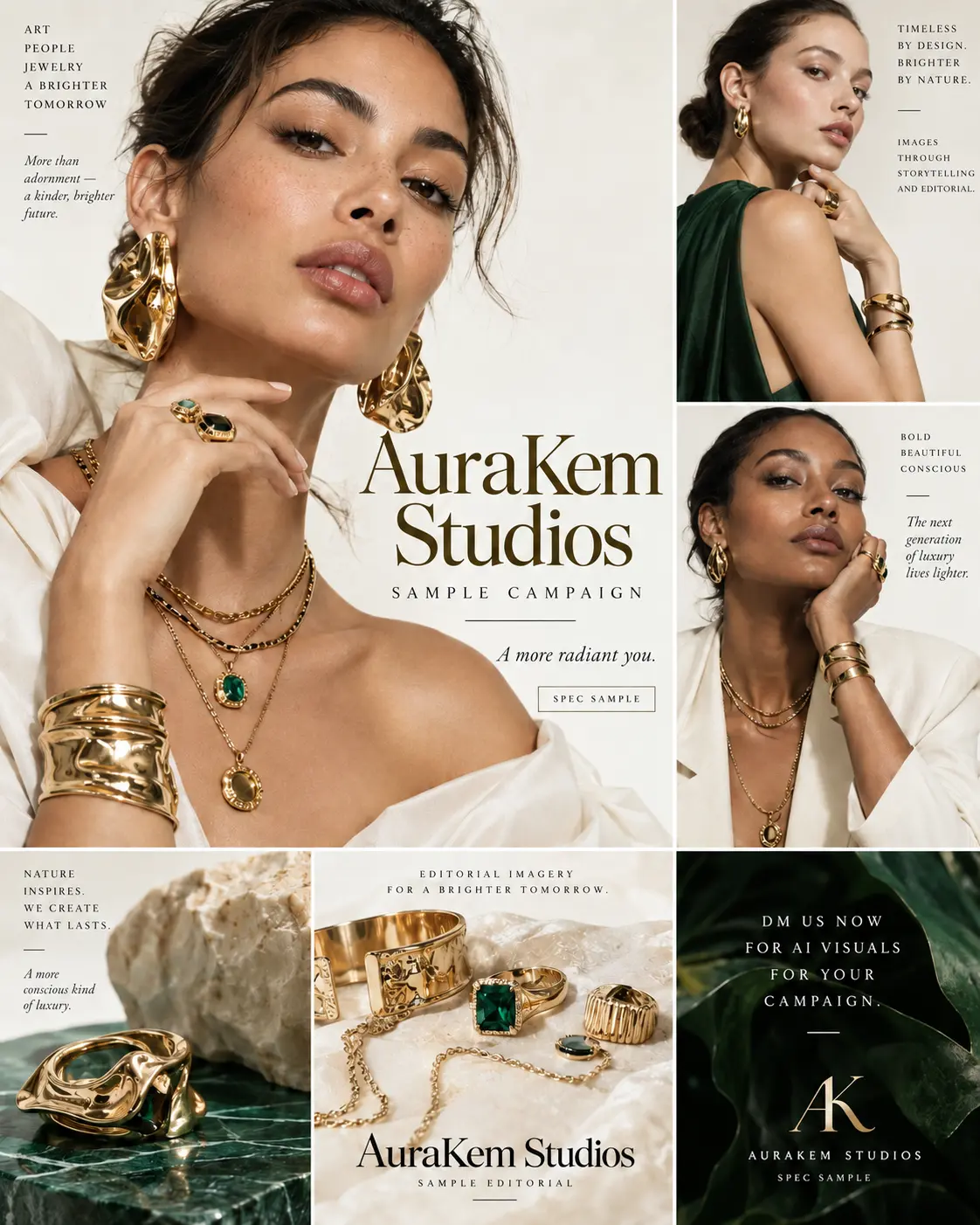 AuraKem Studios sample AI-assisted luxury jewelry campaign with gold and emerald styling