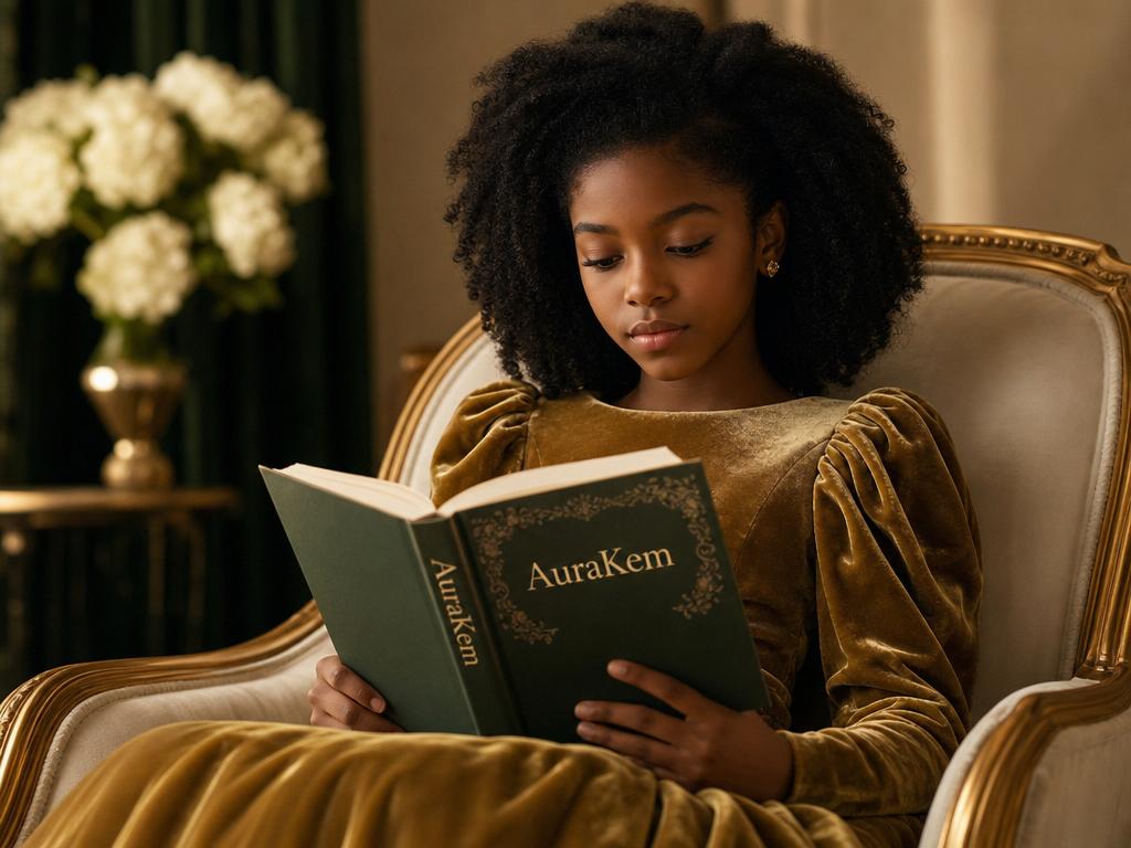 Young Black girl in gold velvet reading a book