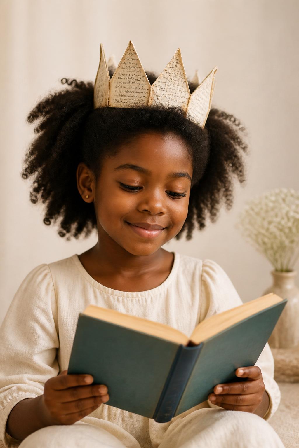 Young girl reading with a paper crown